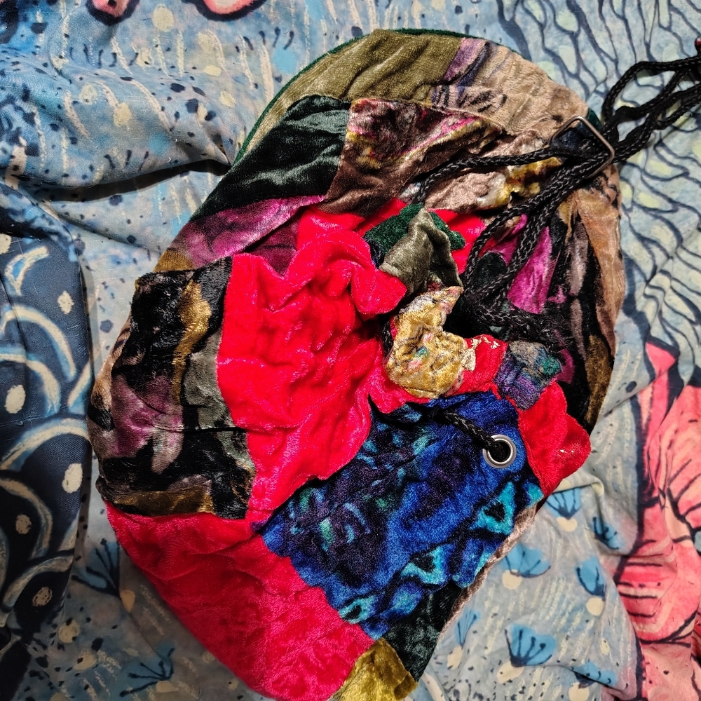 80s Vintage Velvet Drawstring Bag/ Purse Backpack/BOHO/  See Info
